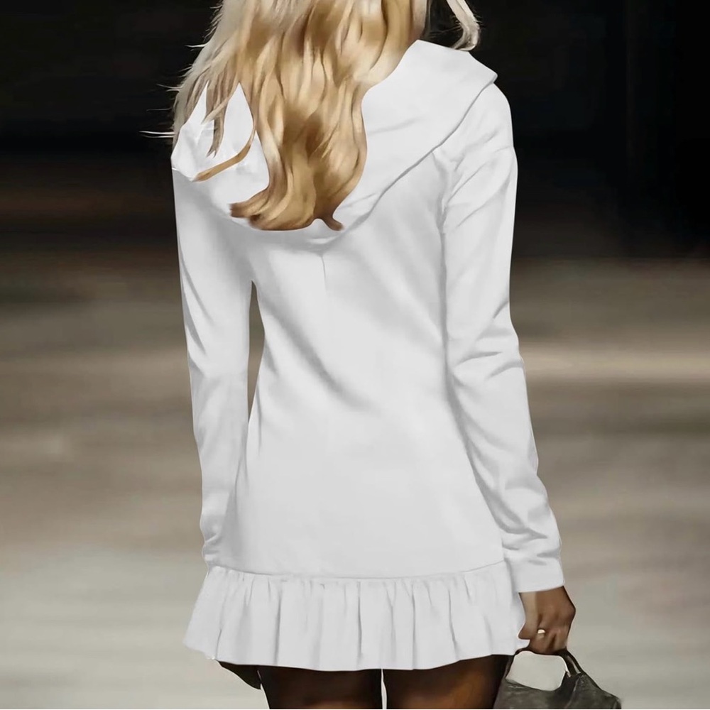 White Long Sleeve Hooded Mini Dress/Cover Up w/ Front Zipper & Ruffle Trim Small - Picture 3 of 7